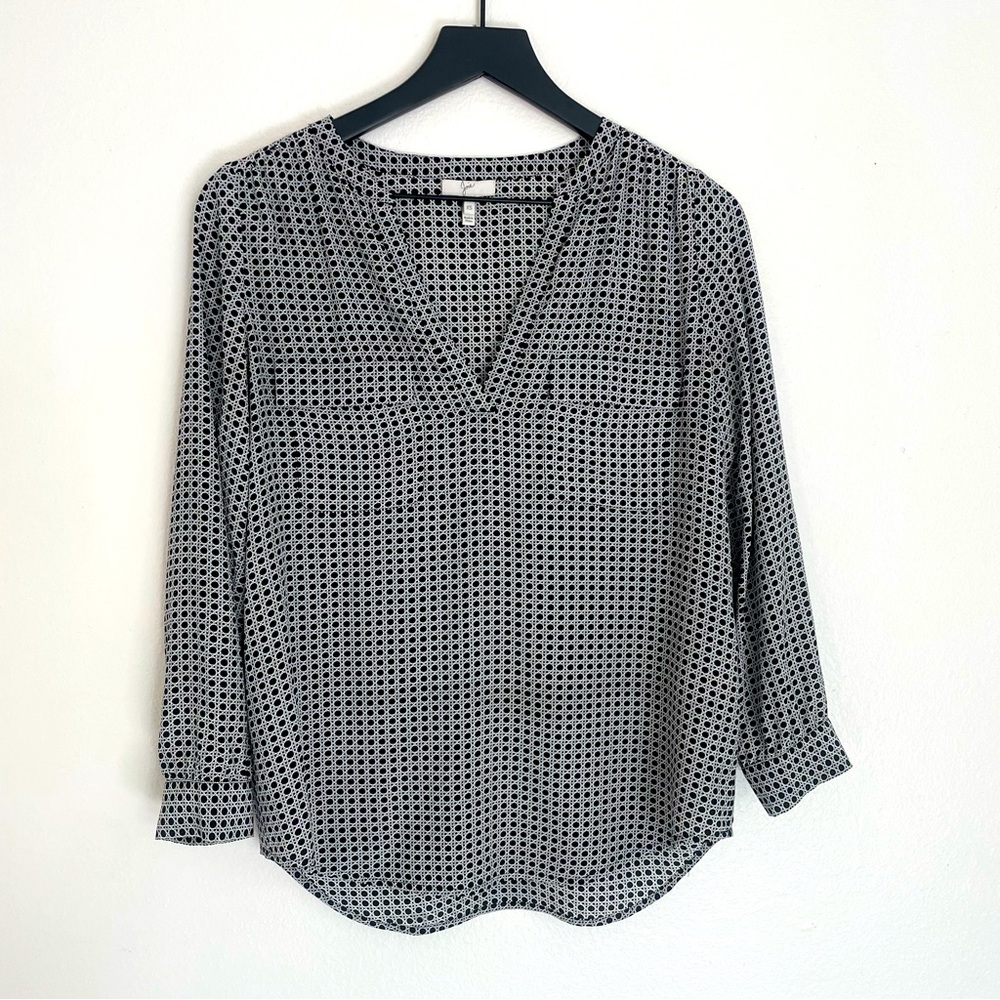 Joie Addie B 100% Silk Geo Caviar Print V-Neck 3/4 Sleeve Peasant Top Size XS